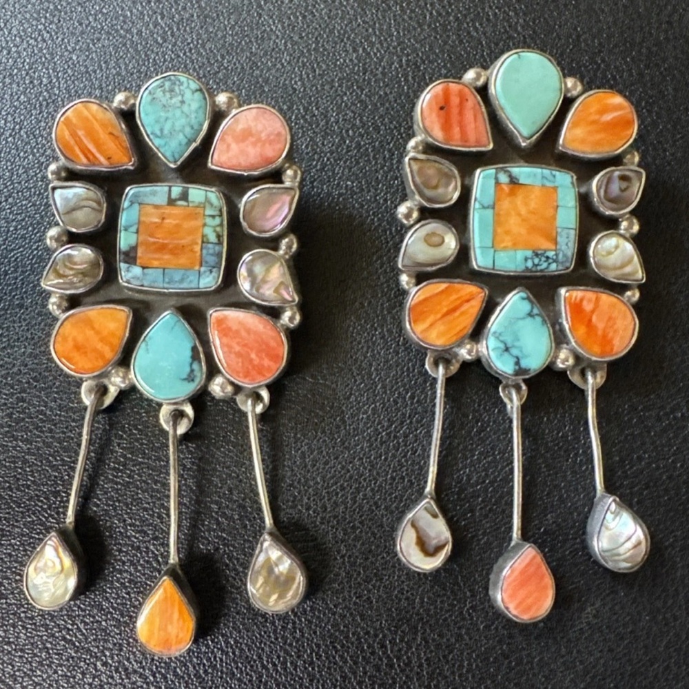 HUGE MAGNIFICENT VTG OSCAR BETZ NAVAJO STERLING MULTI STONE EARRINGS - Picture 6 of 7